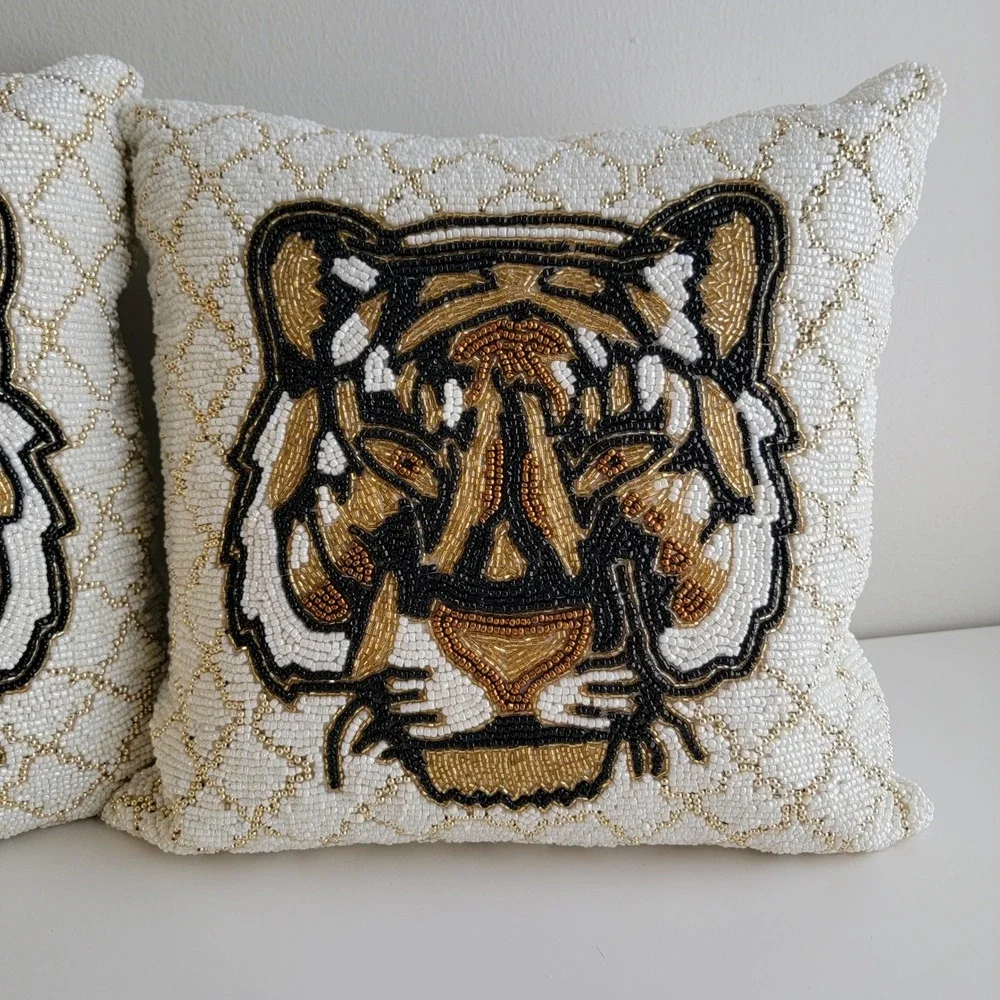 Tiger Beaded Throw Pillows‎ Set of 2 Cream Gold Safari Decor 14in Square